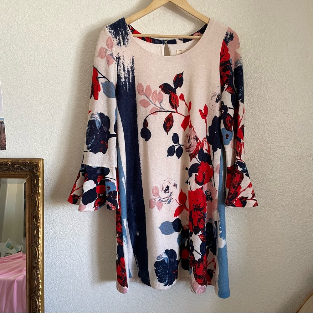 Maeve Knit Sweater Long Sleeve Dress Floral Ruffle Bell Sleeve Mini Swing M